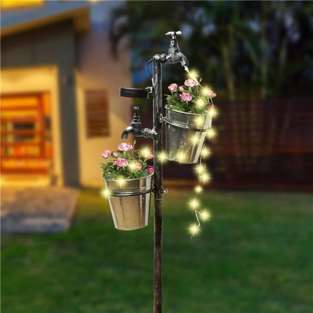 Solar Faucet Garden Stake with Two Planters,LED Lights Flowing Water Retro Metal